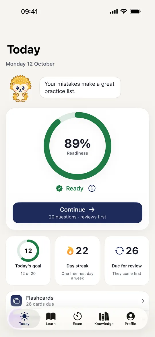 Hedi's Today screen with a readiness ring, today's goal, a day streak and cards due for review.