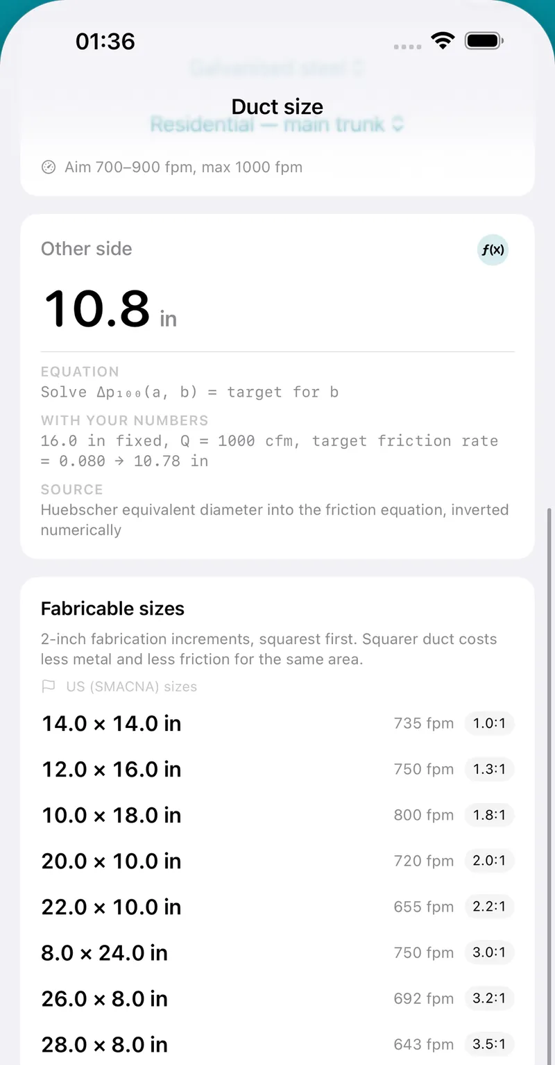 The fabricable sizes list for 1000 cfm: 14 × 14, 12 × 16, 10 × 18, 20 × 10, 22 × 10, 8 × 24, 26 × 8 and 28 × 8 in, each with its velocity and aspect ratio, squarest first.