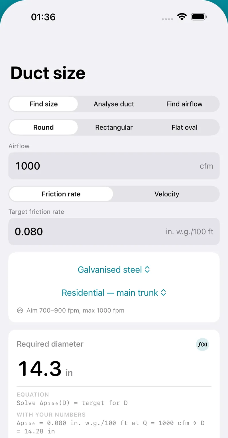 Ductline's Duct size screen: 1000 cfm at 0.080 in. w.g. per 100 ft in galvanised steel for a residential main trunk. Required diameter 14.3 in, with the working open: solve for D, and the substituted figures giving D = 14.28 in.