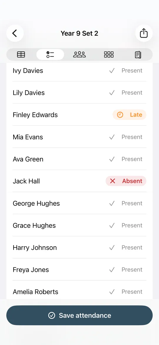 Attendance on an iPhone: Finley Edwards is marked late and Jack Hall absent; the others shown are present.