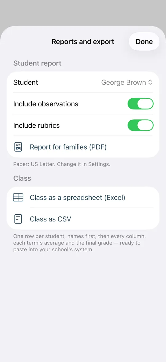 Reports and export: a report for families as PDF, or the class as a spreadsheet or CSV.
