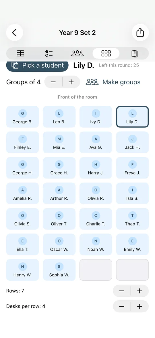 The seating plan after Pick a student chose Lily D., with 25 left this round.