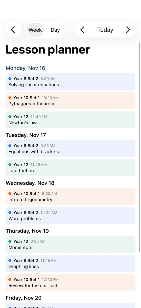 The lesson planner's week, with each lesson in its class colour.