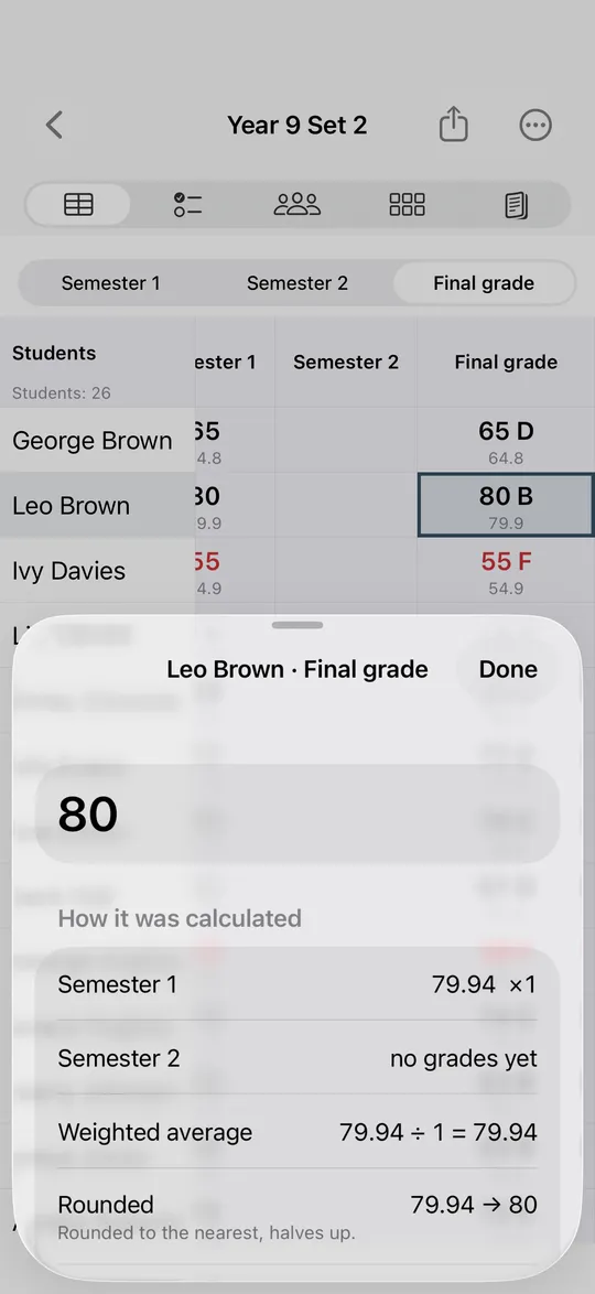 Notaula on an iPhone: Leo Brown's final grade, 80, with how it was calculated: 79.94 rounded to 80, halves up, grade B.