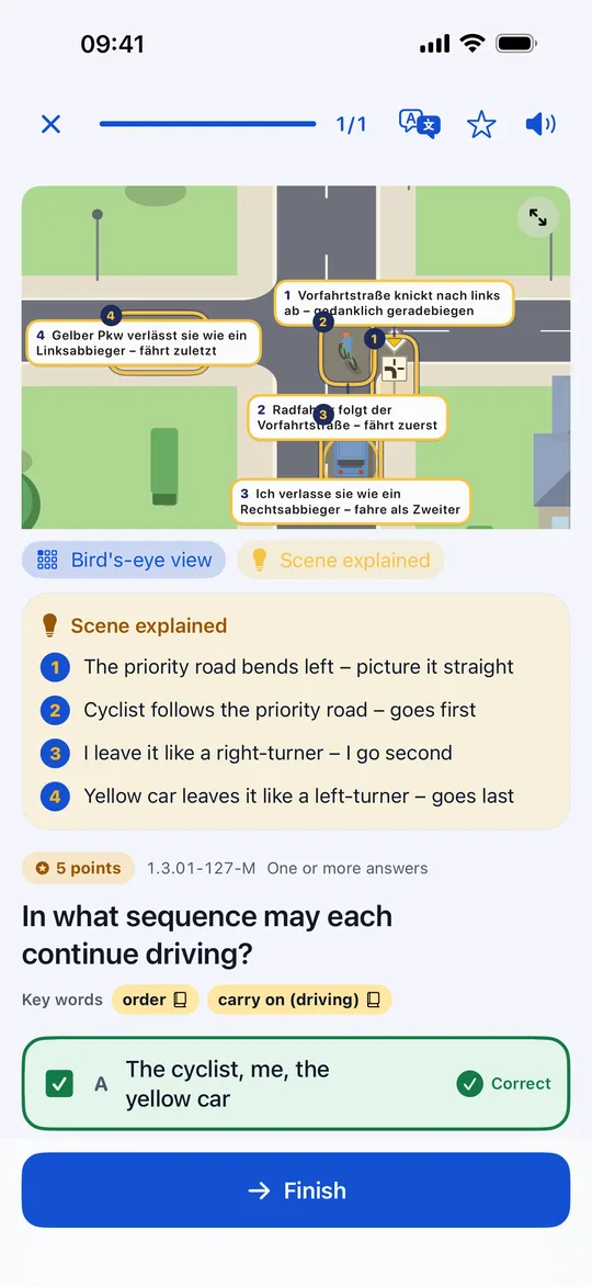 A picture question in Nori: a drawn junction seen from above, the answers checked, and “Scene explained” marking the road users to watch.