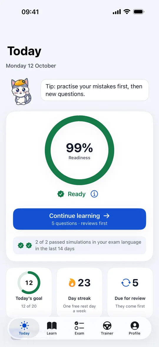Nori's Today screen: a readiness ring, today's goal, a streak and the button to continue learning, with Nori the cat in a driving cap.