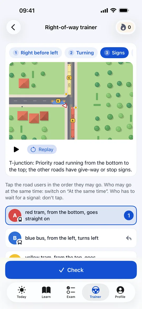 The right-of-way trainer: two cars at a crossroads without signs, and the road users to tap in the order they may go.