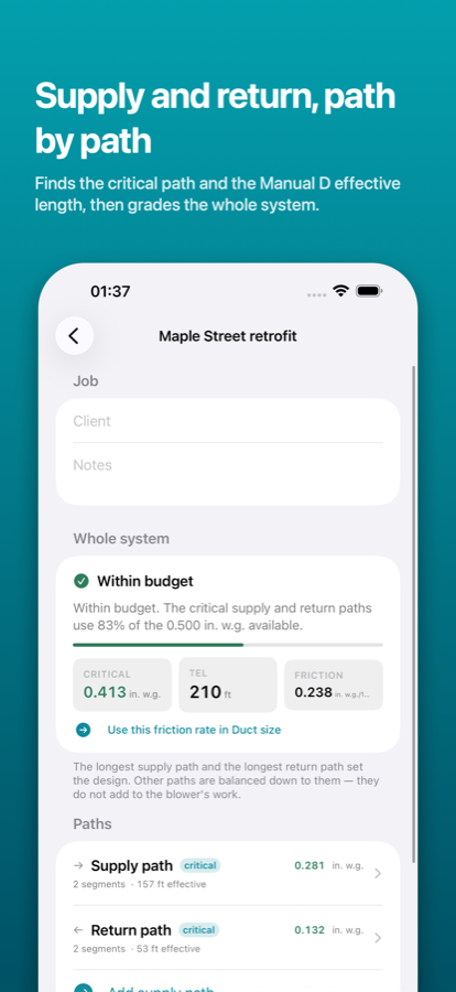 A project showing supply and return paths, the critical path, and a within-budget verdict